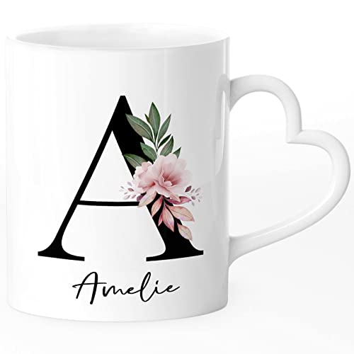 SpecialMe® Tasse Buchstabe Monogramm personalisiert mit Namen Initiale Herzhenkel Blumen-Motiv persönliche Geschenke weiß Herz-Tasse von SpecialMe