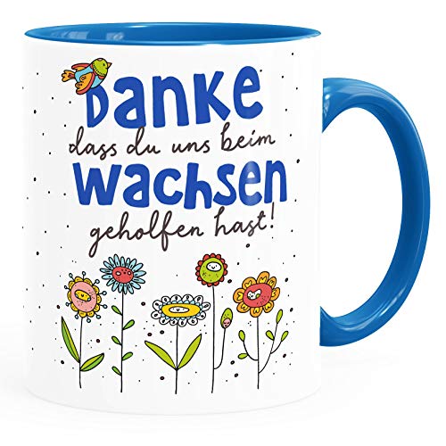 SpecialMe® Tasse Danke dass du uns beim Wachsen geholfen hast Geschenk Erzieherin Tagesmutter Abschiedsgeschenk Kita blau inner-blau Keramik-Tasse von SpecialMe