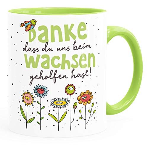 SpecialMe® Tasse Danke dass du uns beim Wachsen geholfen hast Geschenk Erzieherin Tagesmutter Abschiedsgeschenk Kita grün inner-hellgrün Keramik-Tasse von SpecialMe