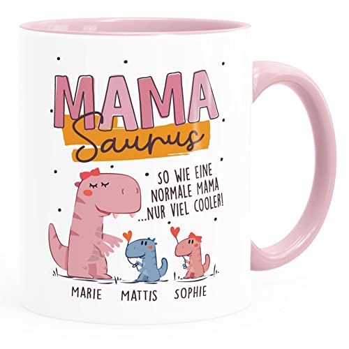 SpecialMe® Tasse Dino Mamasaurus Bonus Mama personalisiert mit Namen Geschenke von 1 2 3 4 Kindern Muttertag weiss-innen-rosa standard von SpecialMe