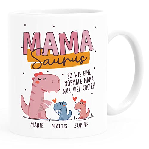 SpecialMe® Tasse Dino Mamasaurus Bonus Mama personalisiert mit Namen Geschenke von 1 2 3 4 Kindern Muttertag weiß standard von SpecialMe