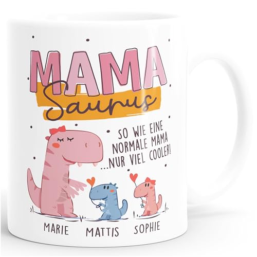 SpecialMe® Tasse Dino Mamasaurus Bonus Mama personalisiert mit Namen Geschenke von 1 2 3 4 Kindern Muttertag weiß standard von SpecialMe