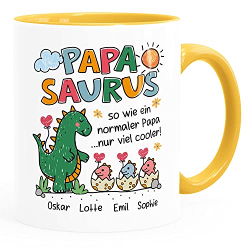 SpecialMe® Tasse Dino Papasaurus mit Namen 1 2 3 Kinder personalisierte Geschenke für Papa Mama zum Vatertag Muttertag Papa weiss-innen-gelb standard von SpecialMe