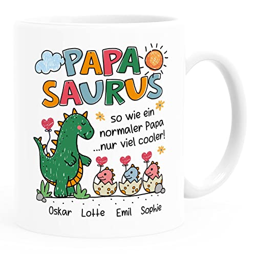 SpecialMe® Tasse Dino Papasaurus mit Namen 1 2 3 Kinder personalisierte Geschenke für Papa Mama zum Vatertag Muttertag Papa weiß standard von SpecialMe