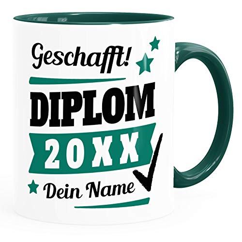 SpecialMe® Tasse Diplom-Arbeit Geschenk Abschluss Studium bestandene Prüfung mit Name personalisiert inner-grün Keramik-Tasse von SpecialMe