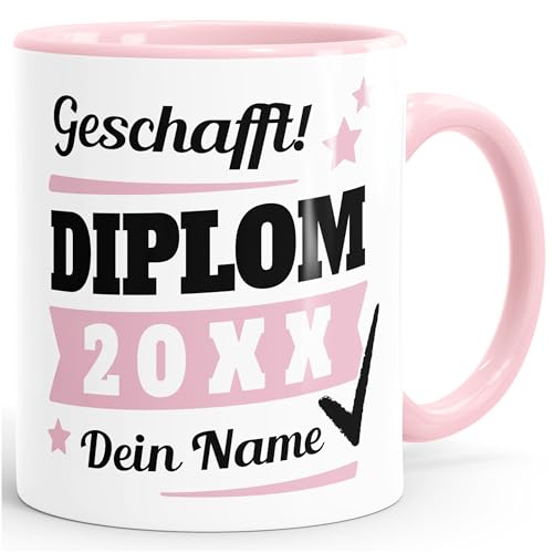 SpecialMe® Tasse Diplom-Arbeit Geschenk Abschluss Studium bestandene Prüfung mit Name personalisiert rosa Keramik-Tasse von SpecialMe