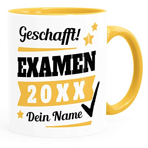 SpecialMe® Tasse Examen Geschenk Uni-Abschluss bestandene Prüfung Studium Universität mit Name personalisiert inner-gelb Keramik-Tasse von SpecialMe