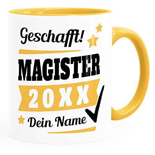 SpecialMe® Tasse Geschenk Abschluss Magister-Arbeit Studium bestandene Prüfung mit Name personalisiert inner-gelb Keramik-Tasse von SpecialMe