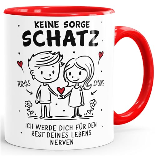 SpecialMe® Tasse Geschenk Liebe Lustig Keine Sorge Schatz Strichmännchen Paar mit Namen Jahrestag Valentinstag weiss-innen-rot standard von SpecialMe
