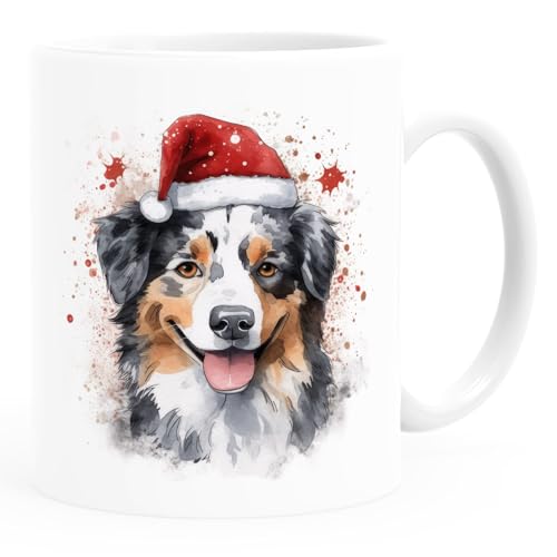 SpecialMe® Tasse Hunde-Motiv Weihnachten Weihnachtsmütze lustig Hunderassen Geschenk Hundebesitzer Aquarell Australian Shepherd weiß standard von SpecialMe