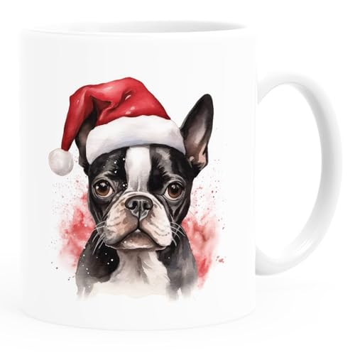 SpecialMe® Tasse Hunde-Motiv Weihnachten Weihnachtsmütze lustig Hunderassen Geschenk Hundebesitzer Aquarell Boston Terrier weiß standard von SpecialMe