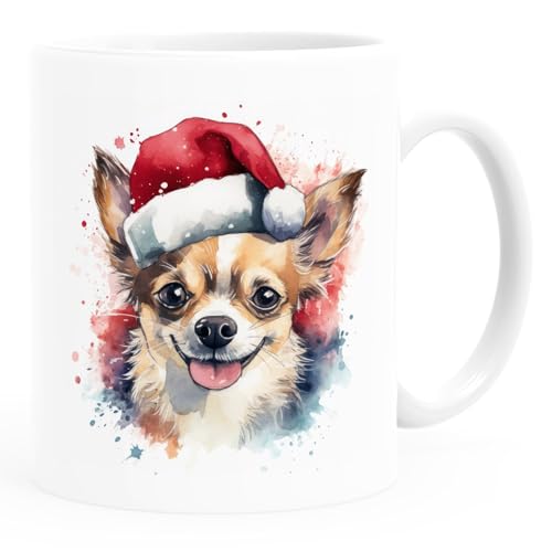 SpecialMe® Tasse Hunde-Motiv Weihnachten Weihnachtsmütze lustig Hunderassen Geschenk Hundebesitzer Aquarell Chihuahua braun weiß standard von SpecialMe