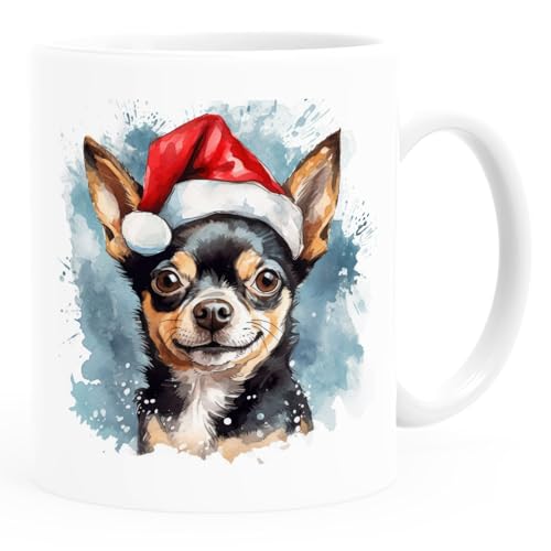 SpecialMe® Tasse Hunde-Motiv Weihnachten Weihnachtsmütze lustig Hunderassen Geschenk Hundebesitzer Aquarell Chihuahua schwarz weiß standard von SpecialMe