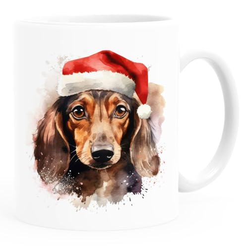 SpecialMe® Tasse Hunde-Motiv Weihnachten Weihnachtsmütze lustig Hunderassen Geschenk Hundebesitzer Aquarell Dackel braun weiß standard von SpecialMe