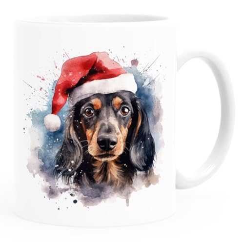 SpecialMe® Tasse Hunde-Motiv Weihnachten Weihnachtsmütze lustig Hunderassen Geschenk Hundebesitzer Aquarell Dackel schwarz braun weiß standard von SpecialMe