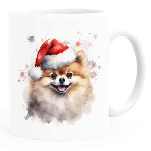 SpecialMe® Tasse Hunde-Motiv Weihnachten Weihnachtsmütze lustig Hunderassen Geschenk Hundebesitzer Aquarell Zwergspitz weiß standard von SpecialMe