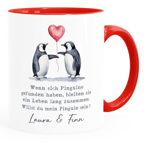 SpecialMe® Tasse Liebe Liebeserklärung Heiratsantrag Pinguin Paar Spruch personalisiert Namen Ein Leben lang weiss-innen-rot standard von SpecialMe