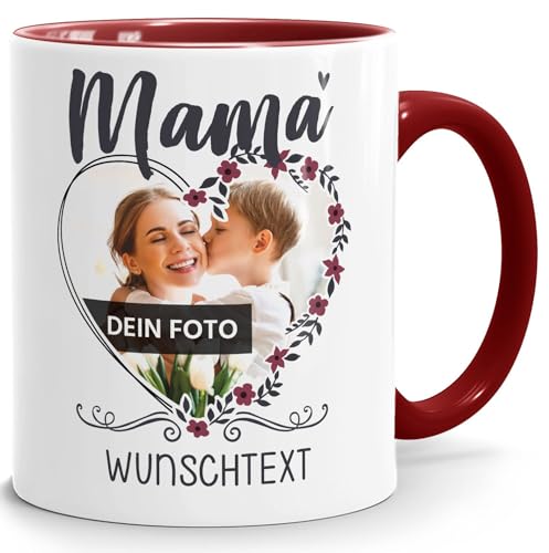 SpecialMe® Tasse Mama Herz-Rahmen personalisierbar mit eigenem Foto Wunschtext persönliches Muttertagsgeschenk weiss-innen-bordeauxrot Keramik-Tasse von SpecialMe