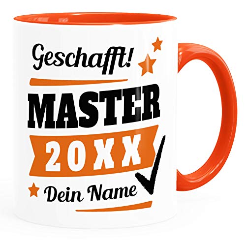 SpecialMe® Tasse Master Abschluss mit Name und Jahr Geschenk Masterabschluss Masterarbeit Studium bestandene Prüfung Master inner-orange Keramik-Tasse von SpecialMe