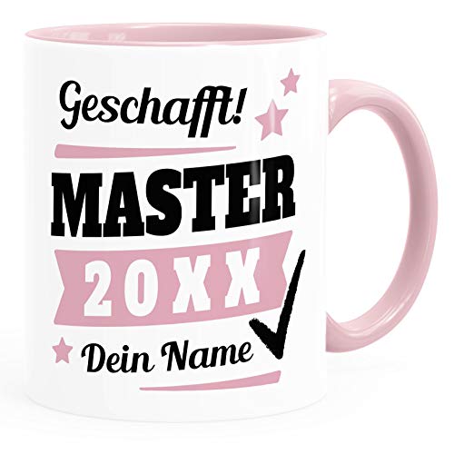 SpecialMe® Tasse Master Abschluss mit Name und Jahr Geschenk Masterabschluss Masterarbeit Studium bestandene Prüfung Master rosa Keramik-Tasse von SpecialMe