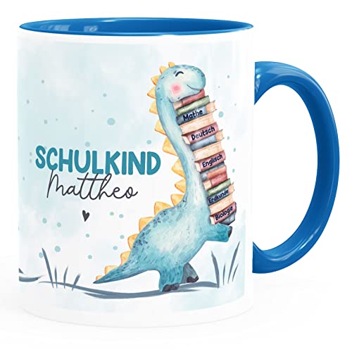 SpecialMe® Tasse Schulkind Dino Geschenk Einschulung personalisiert mit Namen Kindertasse aus Keramik für Jungen Mädchen Jungen weiß-innen-blau standard von SpecialMe