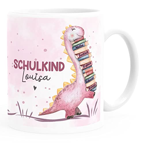 SpecialMe® Tasse Schulkind Dino Geschenk Einschulung personalisiert mit Namen Kindertasse aus Keramik für Jungen Mädchen Mädchen weiß standard von SpecialMe