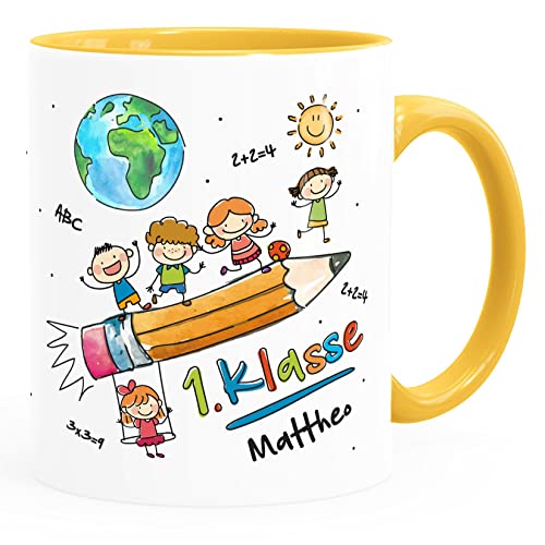 SpecialMe® Tasse Schulkind Geschenk Einschulung 1. Klasse personalisiert mit Namen Kindertasse aus Keramik für Jungen Mädchen weiss-innen-gelb standard von SpecialMe