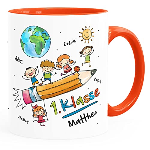 SpecialMe® Tasse Schulkind Geschenk Einschulung 1. Klasse personalisiert mit Namen Kindertasse aus Keramik für Jungen Mädchen weiss-innen-orange standard von SpecialMe