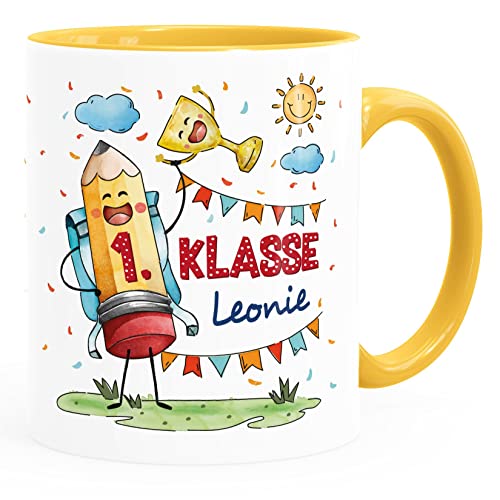 SpecialMe® Tasse Schulkind Geschenk Einschulung personalisiert Name Stift Schulranzen Kindertasse für Jungen Mädchen weiss-innen-gelb standard von SpecialMe