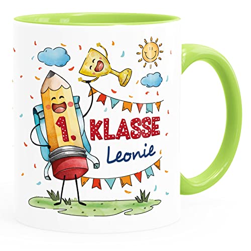 SpecialMe® Tasse Schulkind Geschenk Einschulung personalisiert Name Stift Schulranzen Kindertasse für Jungen Mädchen weiss-innen-hellgruen standard von SpecialMe