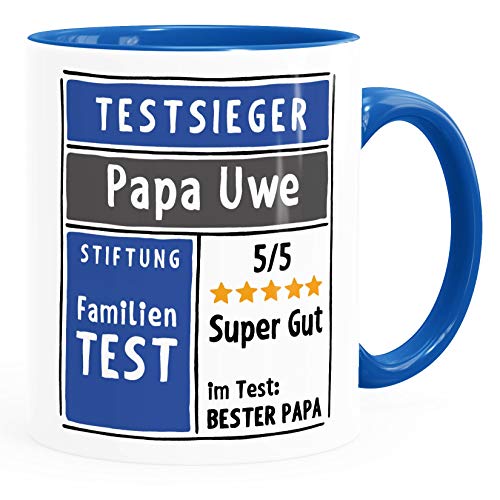 SpecialMe® Tasse bester Papa/beste Mama Testsieger pesonalisierbar mit Namen Bewertung 5 Sterne blau inner-royal Keramik-Tasse von SpecialMe