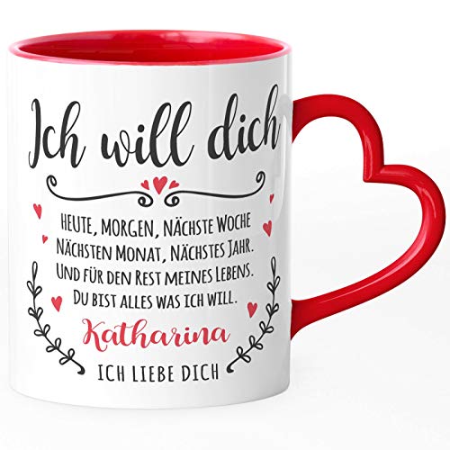 SpecialMe® Tasse mit Herz-Henkel Ich will dich heute, morgen Ich liebe dich Geschenkidee Liebe Freund/Freundin/Partner mit Namen rot Herz-Tasse von SpecialMe