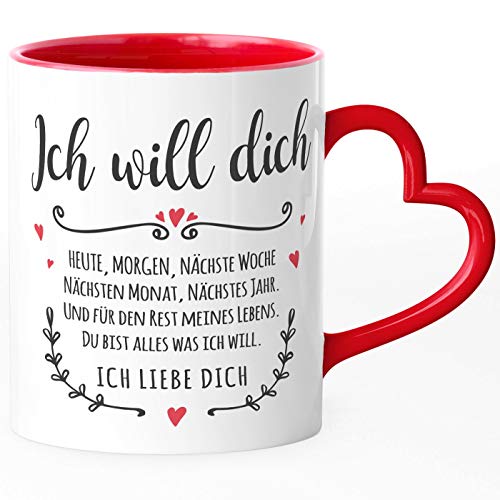 SpecialMe® Tasse mit Herz-Henkel Ich will dich heute, morgen Ich liebe dich Geschenkidee Valentinstag Freund/Freundin/Partner ohne Personalisierung inner-rot Herz-Tasse von SpecialMe