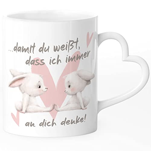 SpecialMe® Tasse mit Herz-Henkel Spruch Geschenk Liebe Freundschaft Hasen-Paar Herz Damit du weißt dass ich an dich denke weiß - Herz Herz-Tasse von SpecialMe