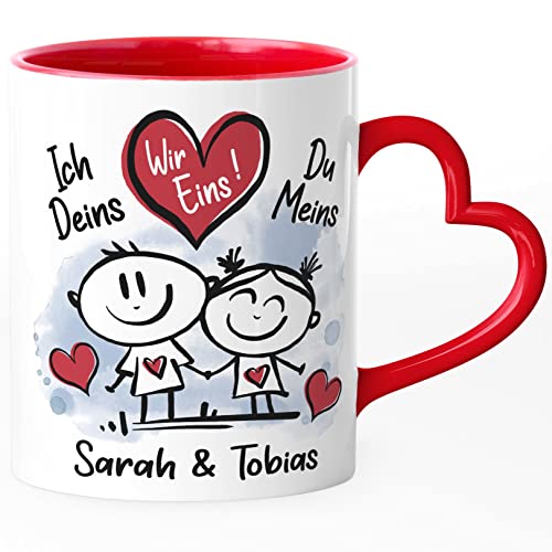 SpecialMe® Tasse mit Herz-Henkel personalisiert verliebte Strichmännchem Spruch Ich Deins Du Meins Wunschnamen Geschenk Liebe weiss-herz-innen-rot Herz-Tasse von SpecialMe