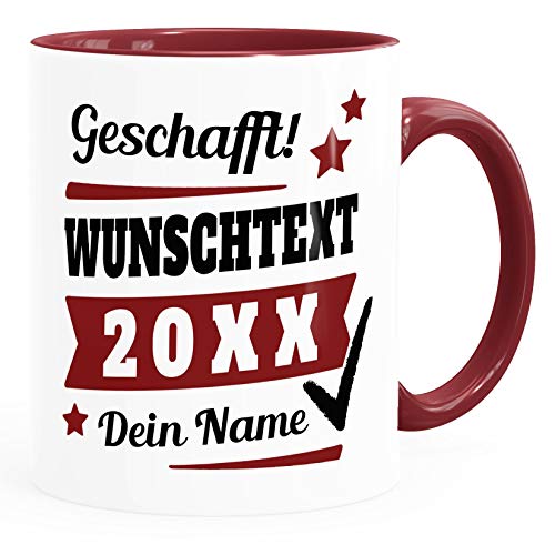 SpecialMe® Tasse mit Name personalisiert Geschafft! eigener Text Geschenk Abschluss-Prüfung bordeauxrot Keramik-Tasse von SpecialMe