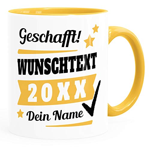 SpecialMe® Tasse mit Name personalisiert Geschafft! eigener Text Geschenk Abschluss-Prüfung inner-gelb Keramik-Tasse von SpecialMe