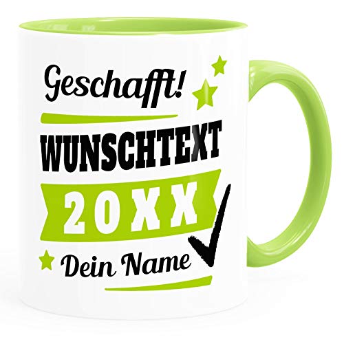 SpecialMe® Tasse mit Name personalisiert Geschafft! eigener Text Geschenk Abschluss-Prüfung inner-hellgrün Keramik-Tasse von SpecialMe