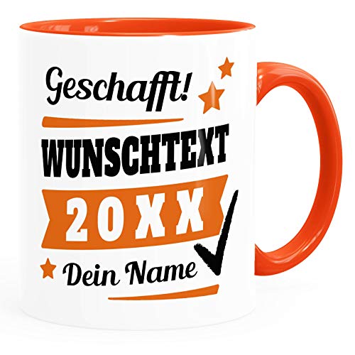 SpecialMe® Tasse mit Name personalisiert Geschafft! eigener Text Geschenk Abschluss-Prüfung inner-orange Keramik-Tasse von SpecialMe