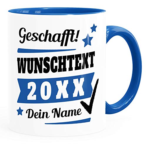 SpecialMe® Tasse mit Name personalisiert Geschafft! eigener Text Geschenk Abschluss-Prüfung inner-royal Keramik-Tasse von SpecialMe