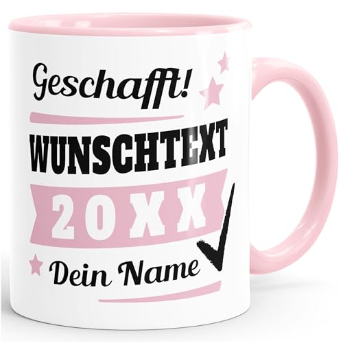 SpecialMe® Tasse mit Name personalisiert Geschafft! eigener Text Geschenk Abschluss-Prüfung rosa Keramik-Tasse von SpecialMe