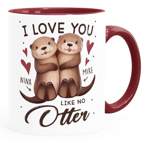 SpecialMe® Tasse mit Spruch Ich liebe Dich mit Namen personalisiert Otter Pärchen Herz Liebes-Geschenk weiss-innen-bordeauxrot standard von SpecialMe