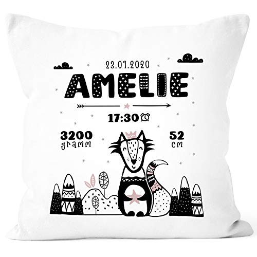 SpecialMe® personalisierbare Kissen-Hülle zur Geburt Fuchs Scandi Style Geburtskissen Namenskissen Geschenk Geburt Baby Mädchen weiß Unisize von SpecialMe