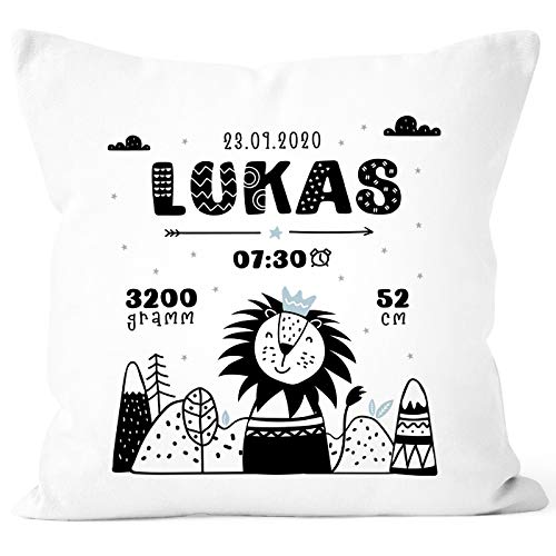 SpecialMe® personalisierbare Kissen-Hülle zur Geburt Löwe Scandi Style Geburtskissen Namenskissen Geschenk Geburt Baby Jungen weiß Unisize von SpecialMe