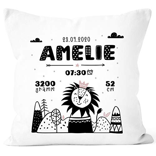SpecialMe® personalisierbare Kissen-Hülle zur Geburt Löwe Scandi Style Geburtskissen Namenskissen Geschenk Geburt Baby Mädchen weiß Unisize von SpecialMe