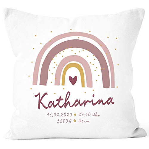 SpecialMe® personalisierbarer Kissen-Bezug zur Geburt Regenbogen Namenskissen Herz Geschenk Geburt Baby Mädchen weiß 40cm x 40cm von SpecialMe