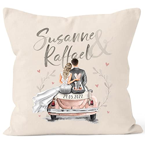 SpecialMe® personalisierbares Kissen Geschenk Hochzeit mit Namen und Datum Auto Brautpaar Hochzeitstag Jahrestag Natur Standard von SpecialMe