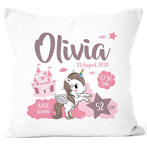 SpecialMe® personalisierbares Kissen zur Geburt Einhorn Geburtskissen mit Name Geschenk Geburt Baby Mädchen weiß 40cm x 40cm von SpecialMe