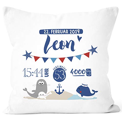 SpecialMe® personalisierbares Kissen zur Geburt Geburtskissen für Jungen mit Wal Anker Namenskissen Geschenk Geburt Baby, Kissen-Bezug ohne Füllung weiß Unisize von SpecialMe