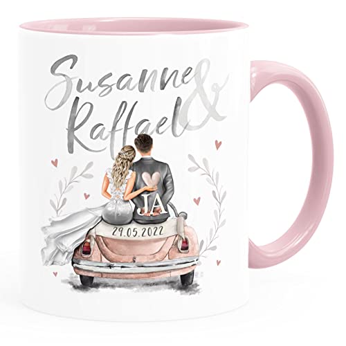 SpecialMe® personalisierte Kaffee-Tasse Geschenk Hochzeit mit Namen und Datum Auto Brautpaar Hochzeitstag Jahrestag weiss-innen-rosa standard von SpecialMe